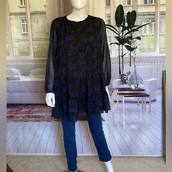 ZARA Long Sleeve Black With Blue Print Chiffon Type Dress. Size L. P4/A - Picture 3 of 9